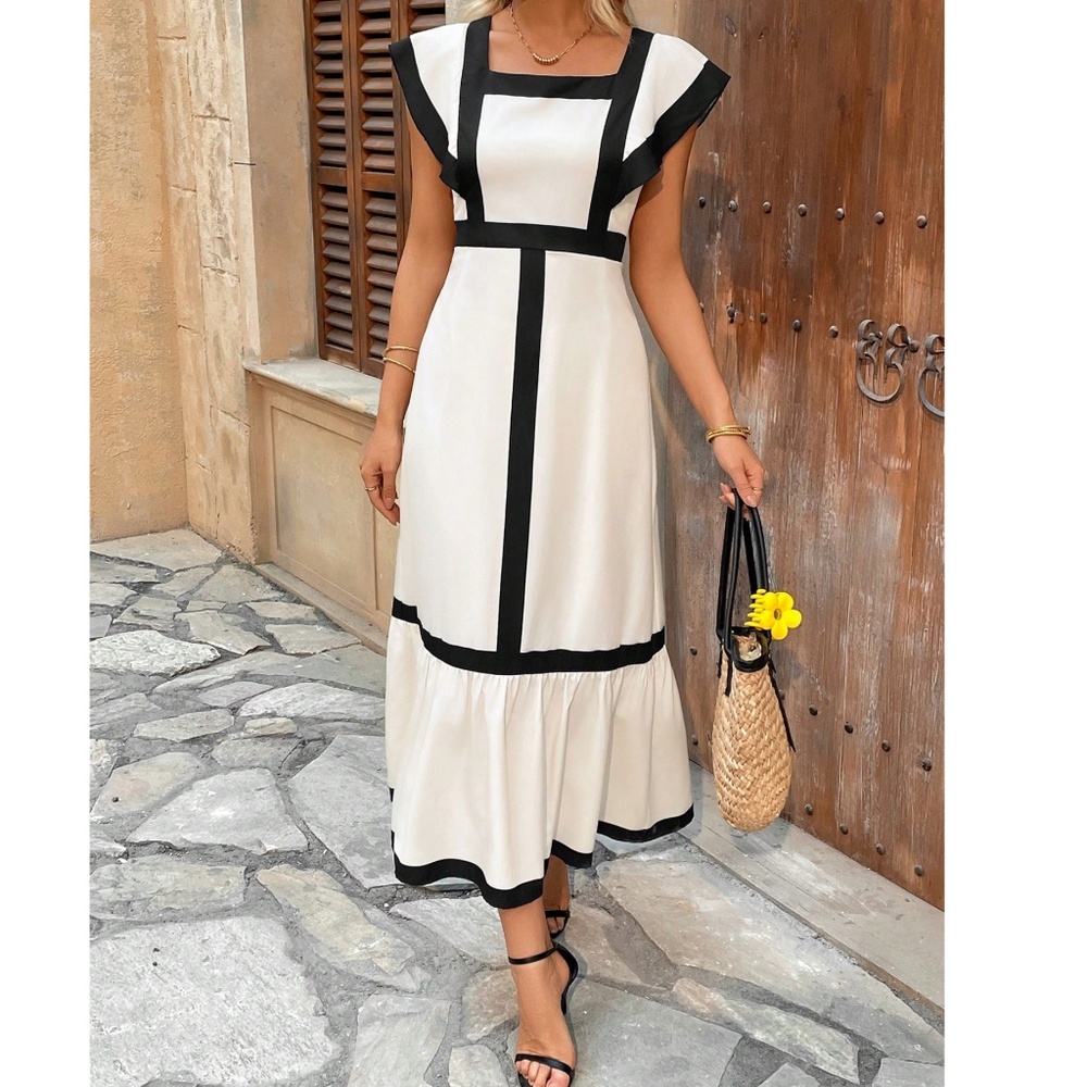 Classic Square Neck Color Block Flutter Sleeve Mi… - image 2